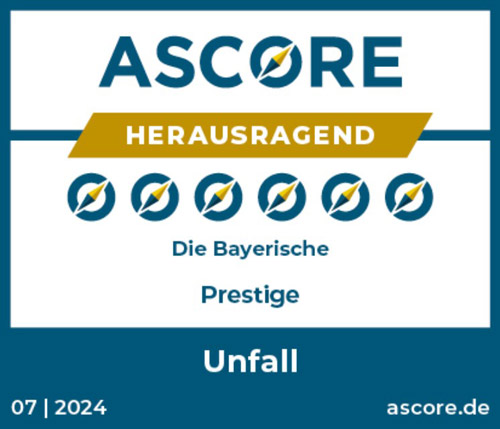Das Bild zeigt eine Auszeichnung von ASCORE für die Versicherung „Die Bayerische“ mit dem Titel „Herausragend“ und dem Thema „Unfall“.